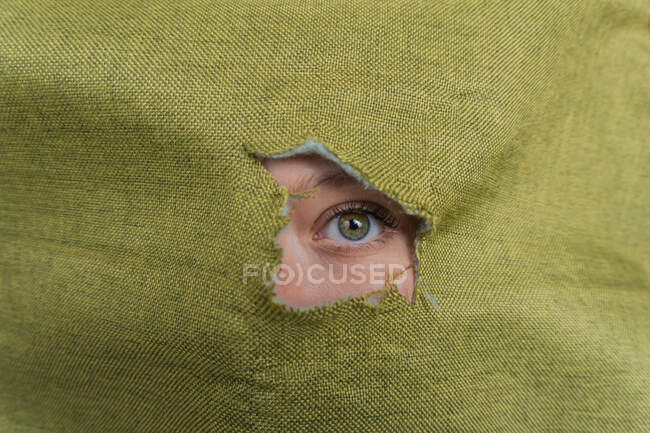 Jeune femelle aux yeux verts méconnaissable regardant à travers un trou déchiré dans un tissu vert — Photo de stock