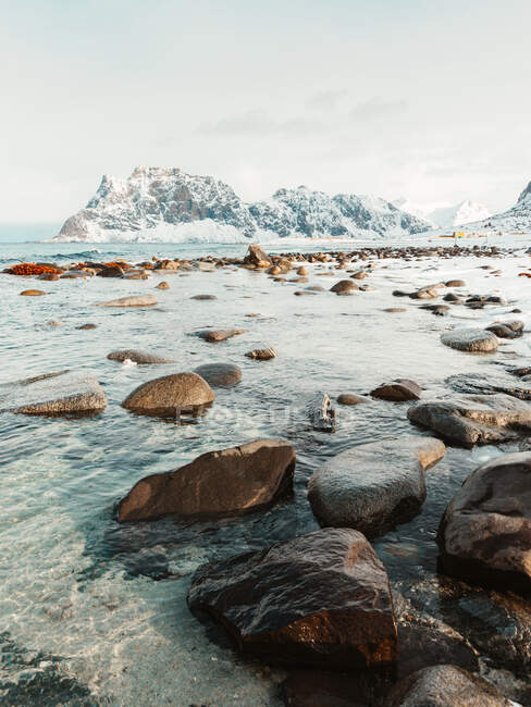Boulders located on white snowy coast near sea and mountains on gray winter day on Lofoten Islands, Norway — Stock Photo