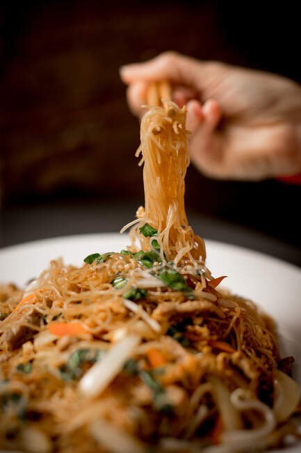 Hands with chopsticks pulling noodles from plate with beef vegetable noodles portion — Stock Photo