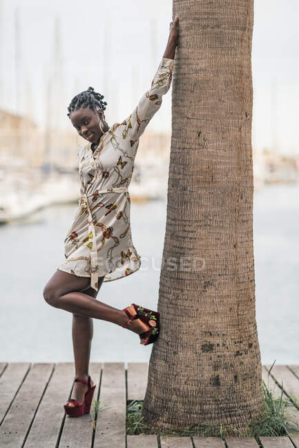 Elegante mujer afroamericana hermosa pensativa con trenzas africanas mirando seriamente a la cámara en el parque - foto de stock