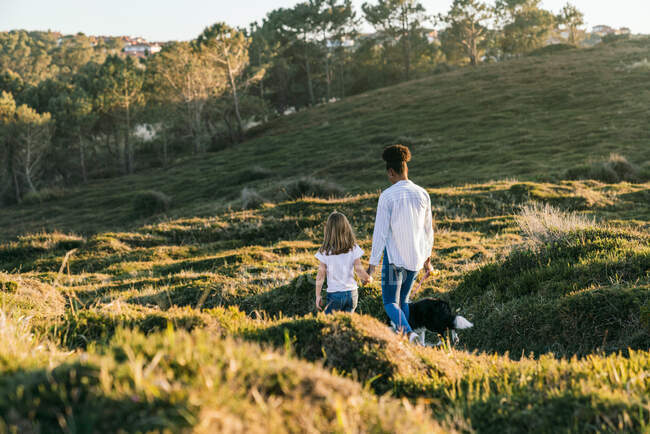 Vista trasera de una mujer multiétnica irreconocible y una niña pequeña con perro Border Collie caminando juntos por el sendero entre colinas cubiertas de hierba en la soleada noche de primavera - foto de stock