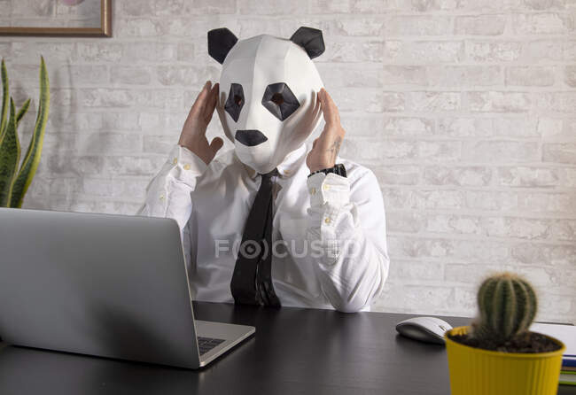 Anonymous tired male entrepreneur in panda bear mask and white shirt working at table with netbook in workspace — Stock Photo