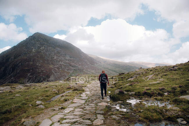 Vista posteriore dell'uomo irriconoscibile che cammina sul sentiero sterrato su una ruvida collina erbosa durante il viaggio attraverso Snowdonia nella campagna del Regno Unito nella giornata nuvolosa — Foto stock