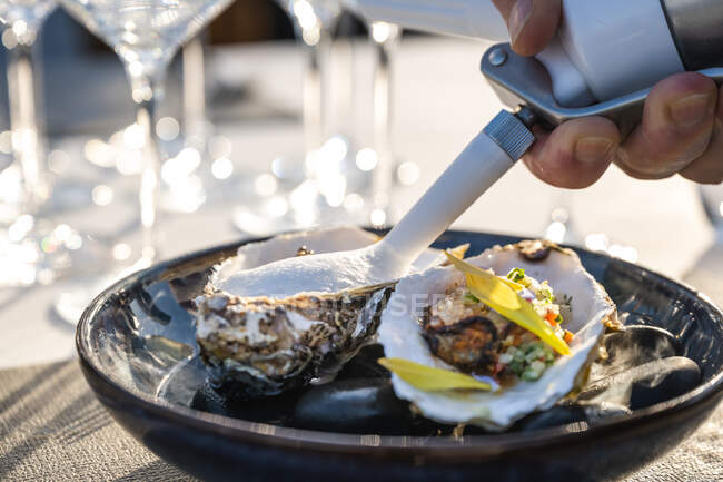 Délicieux et bien décoré plat d'huîtres au restaurant de haute cuisine en plein air — Photo de stock