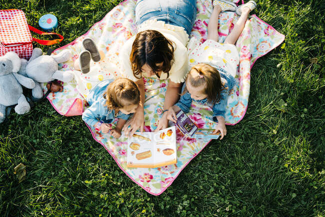 З висоти щасливої молодої матері, яка читає цікаву книжку маленьким дочкам, лежачи разом на ковдрі з іграшками на зеленій траві в літній парк. — стокове фото