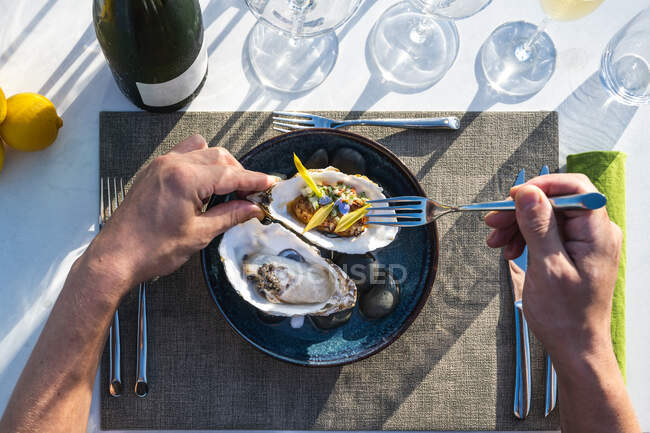 Prato de ostra delicioso e bem decorado emparelhado com champanhe no restaurante de alta cozinha ao ar livre — Fotografia de Stock