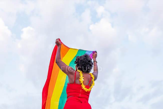 From below back view of stylish African American female in trendy wear raising flag with rainbow ornament while looking away on roadway — Stock Photo