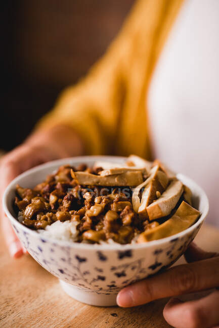 Keramische Schale mit leckerem Lu Rou Fan Gericht mit Tofu auf dem Tisch im Café platziert — Stockfoto
