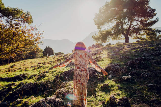 Vista posteriore di donna spensierata in abito estivo in piedi sulla collina rocciosa in altopiani nella giornata di sole — Foto stock