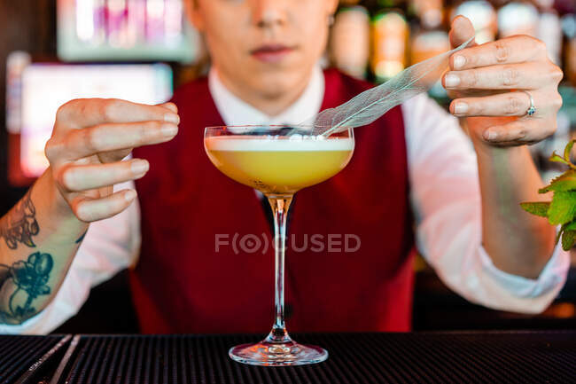 Camarera joven profesional anónima decorando con una pluma mientras prepara un cóctel agrio en el bar - foto de stock