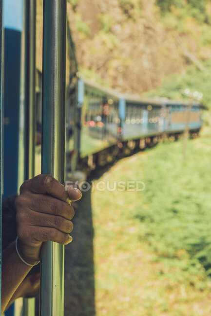 Anonimo viaggiatore etnico di sesso maschile che guida la formazione e tiene il corrimano guardando fuori dalla finestra e osservando il paesaggio panoramico — Foto stock