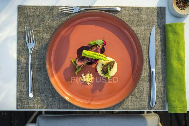 Delizioso e ben guarnito piatto di filetto di manzo alla griglia al ristorante di alta cucina all'aperto — Foto stock