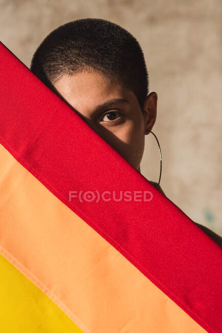 Jeune femme bisexuelle ethnique aux cheveux courts couvrant le visage avec drapeau arc-en-ciel tout en regardant la caméra sur fond beige — Photo de stock