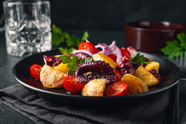 Смачний салат з восьминогами та різноманітними овочами та травами на тарілці на столі — стокове фото