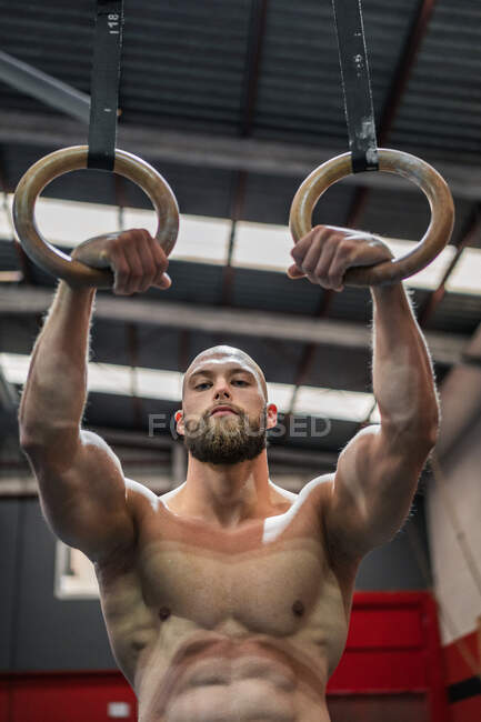 Сильний без сорочки чоловік дивиться, як стоїть на гімнастичних кільцях під час інтенсивного тренування в сучасному тренажерному залі — стокове фото