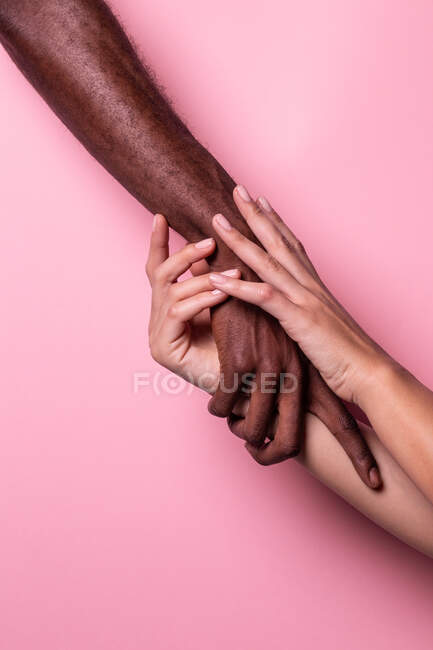 Mãos multi-étnicas de mulher branca e homem negro tocando uns aos outros gentilmente isolados em fundo rosa; conceito de unidade e inclusão — Fotografia de Stock