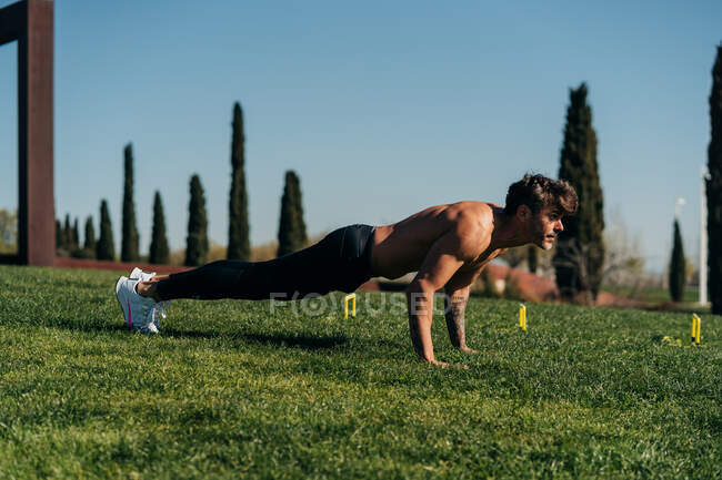 Vista laterale dell'atleta maschio adulto con allenamento nudo del busto e guardando avanti sul prato sotto il cielo blu — Foto stock