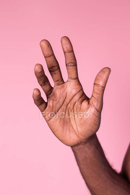 Antebrazo de la cosecha de hombre afroamericano levantando la mano contra fondo rosa - foto de stock