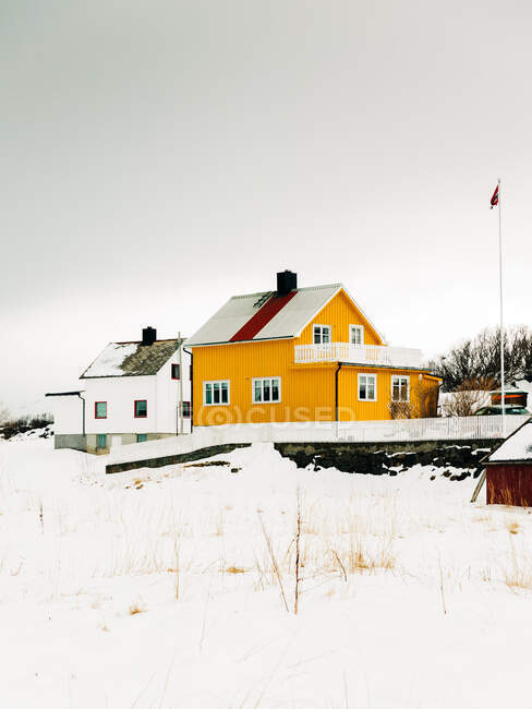 Желто-белые дома, расположенные в заснеженной сельской местности на фоне безоблачного неба в зимний день на Лофских островах, Норвегия — стоковое фото
