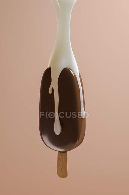 Vue latérale d'une glace au chocolat suspendue dans l'air alors qu'elle est baignée de lait par le haut — Photo de stock
