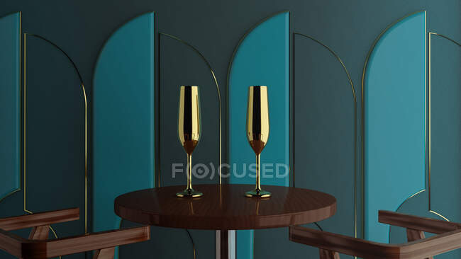 Golden champagne glasses on green art deco stylish background. — Stock Photo