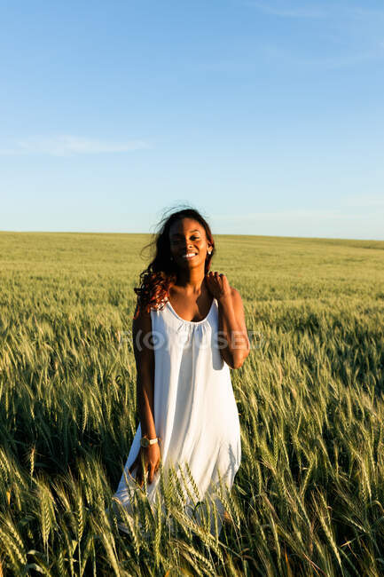 Sorrindo jovem senhora negra em vestido de verão branco passeando no campo de trigo verde enquanto olha para a câmera durante o dia sob o céu azul — Fotografia de Stock