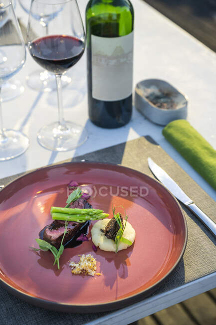 Delicious and well garnished grilled beef tenderloin dish at outdoor high cuisine restaurant — Stock Photo