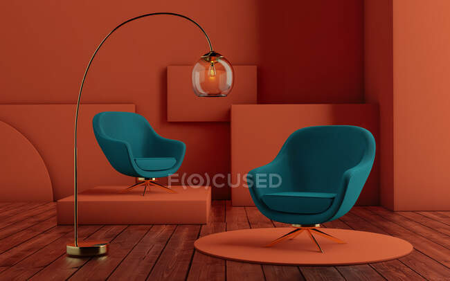 Інтер'єр з кріслами Art Deco. Зелені крісла та лампа на помаранчевому фоні — стокове фото
