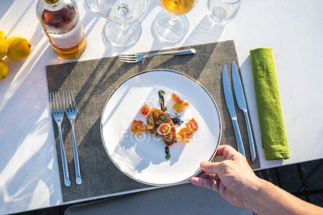 Kellner serviert gut garnierte gebratene Gänseleberspeise im gehobenen Restaurant — Stockfoto