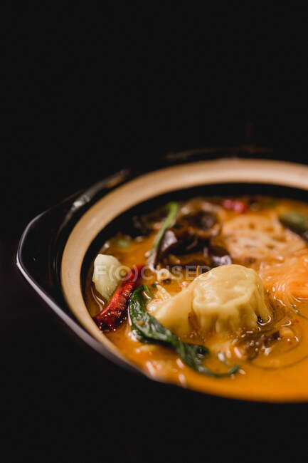 Chinese dumpling soup on big ceramic bowl — Stock Photo