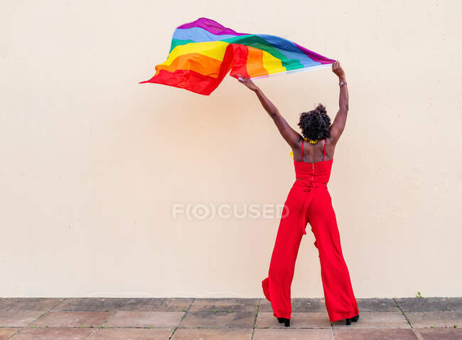 Стильна афро-американська жінка в модному одязі з барвистим прапором, що дивиться в бік під час святкування — стокове фото