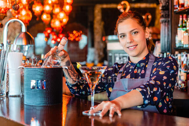 Alegre camarera femenina con vaso de vermut refrescante de pie en el mostrador en el bar y mirando a la cámara - foto de stock