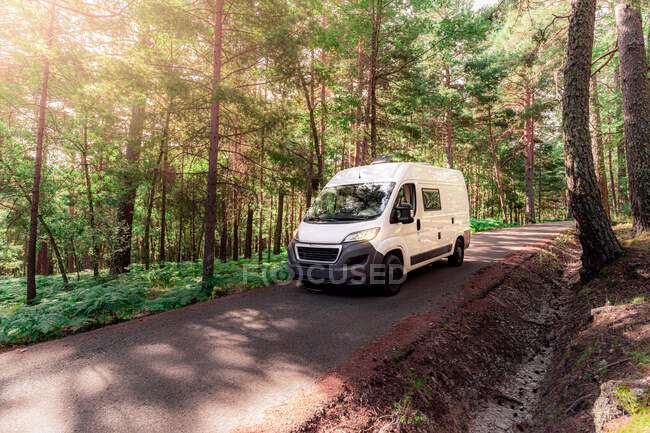 Traveling camper parked on asphalt road in woods on sunny day in summer — Stock Photo
