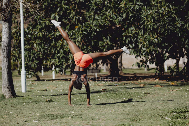 Rückenansicht einer jungen, fitnessbewussten Afroamerikanerin, die an einem sonnigen Tag im Park Gymnastikübungen macht und dabei die Beine spreizt — Stockfoto