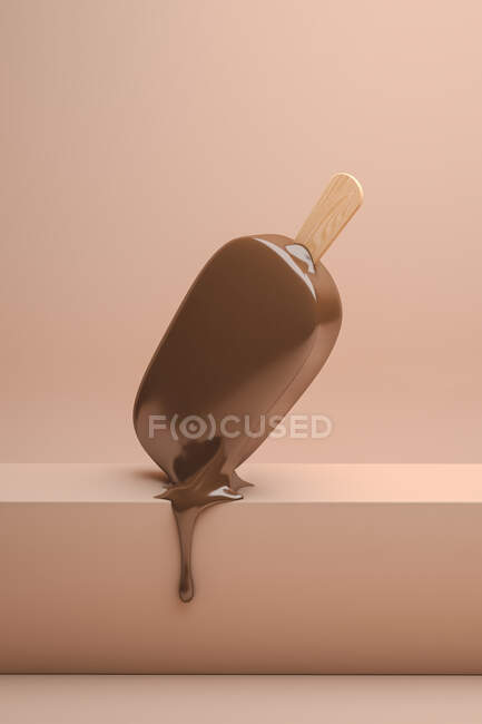 Vista lateral de un helado de chocolate derretiéndose del calor - foto de stock