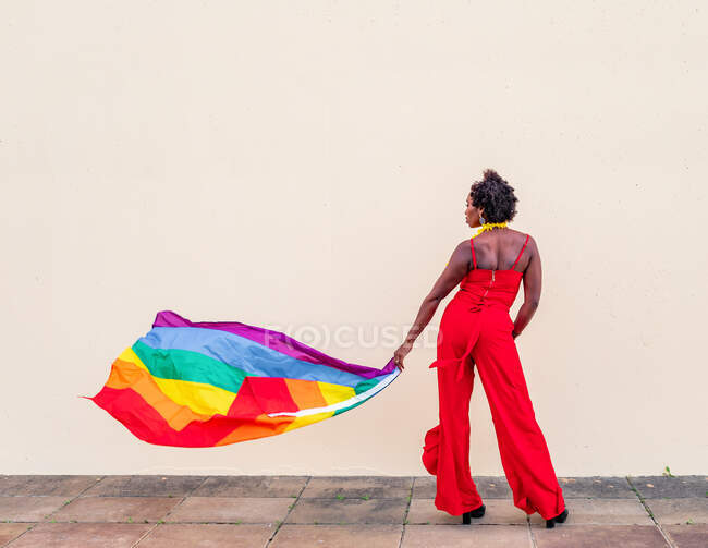 Стильная афроамериканка в модной одежде с красочным флагом, смотрящая в сторону во время празднования — стоковое фото