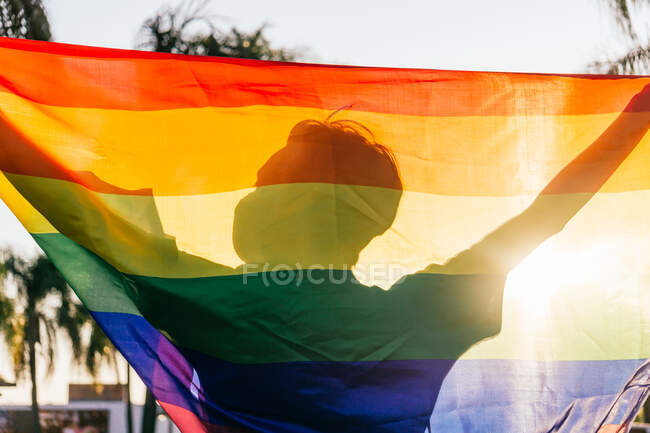 Silhouette eines anonymen männlichen Homosexuellen in Schutzmaske mit Regenbogenfahne an einem sonnigen Tag in der Stadt — Stockfoto