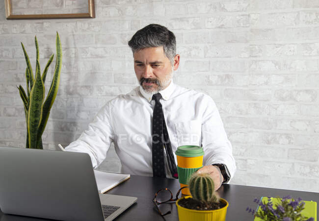 Empreendedor do sexo masculino de meia-idade em desgaste formal trabalhando no netbook à mesa com bebida quente para ir — Fotografia de Stock