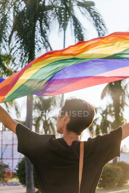 Back view of anonymous male gay standing with rainbow LGBT flag on sunny day in city — Stock Photo