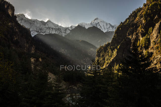Spectacular landscape of rocky Annapurna mountain range on sunny day in Himalayas in Nepal — Stock Photo