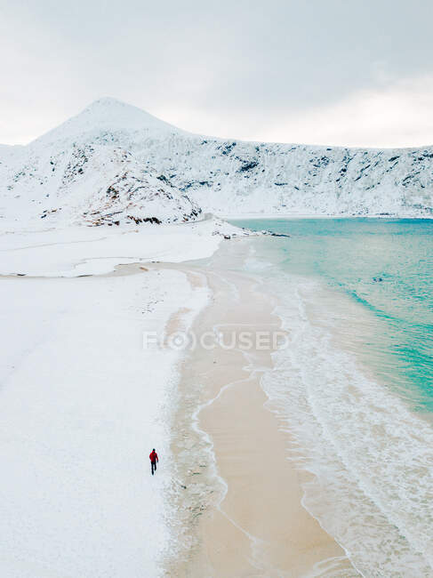 Drohnen-Ansicht einer anonymen Person, die an verschneiten Küsten in der Nähe von winkendem Meer und Bergen an bewölkten Wintertagen auf den Lofoten, Norwegen, spaziert — Stockfoto