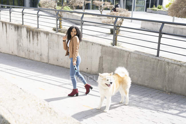 Full body of positive African American female owner looking at camera while walking with dog on leash on sunny street — Stock Photo