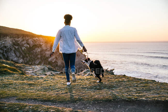Vista posteriore dell'irriconoscibile proprietaria afroamericana che corre con il cane Border Collie mentre trascorre del tempo insieme sulla spiaggia vicino al mare al tramonto — Foto stock