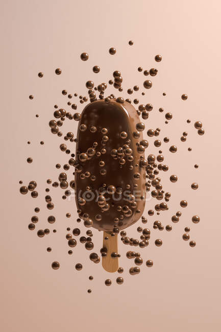 Vista lateral de um sorvete de chocolate surreal cercado por bolas de chocolate suspensas no ar — Fotografia de Stock