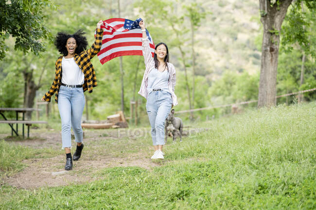 Alegre lesbiana multirracial pareja de hembras corriendo con nacional americano bandera a lo largo de camino en bosque y sonriendo mirando cámara - foto de stock