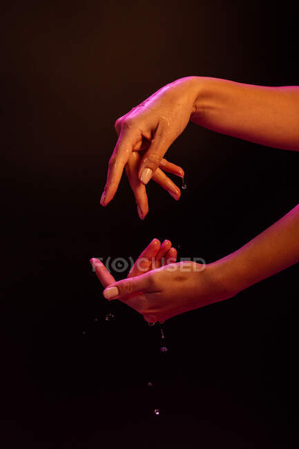 Vista da colheita de mulher anônima fazendo gestos artísticos com as mãos sob luzes rosa e amarelo e salpicando água contra fundo preto — Fotografia de Stock