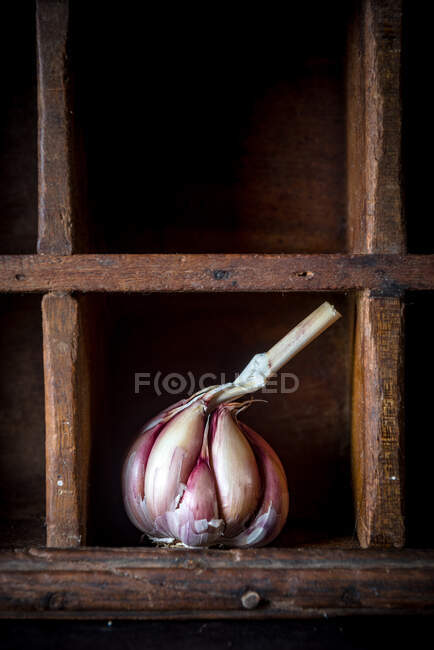 Cabeça inteira de alho fresco colocada em prateleira de madeira na cozinha rústica — Fotografia de Stock