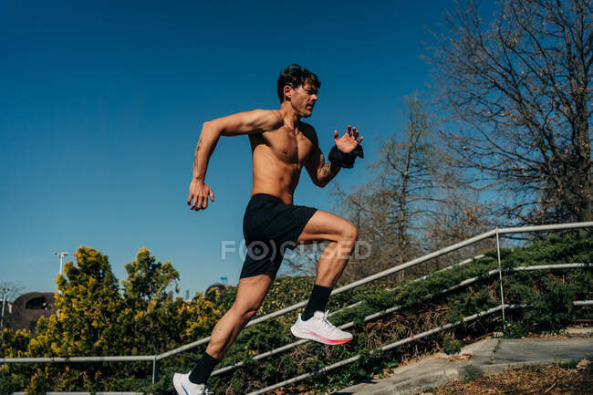 Вид збоку активного чоловічого бігуна з голим торсом біжить по сходах під час тренування під блакитним небом — стокове фото