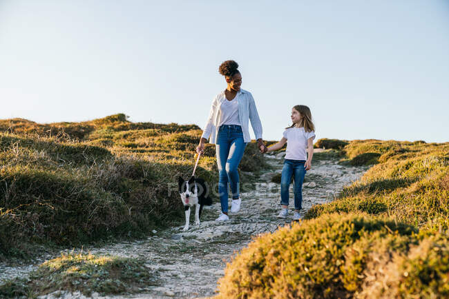 Corpo inteiro de mulher multiétnica feliz e menina com cão Border Collie andando juntos na trilha entre colinas gramadas na noite de primavera ensolarada — Fotografia de Stock