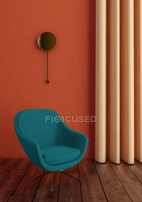 Grüner Sessel im Innenraum an orangefarbener Wand und Vorhang im Art-Deco-Stil — Stockfoto